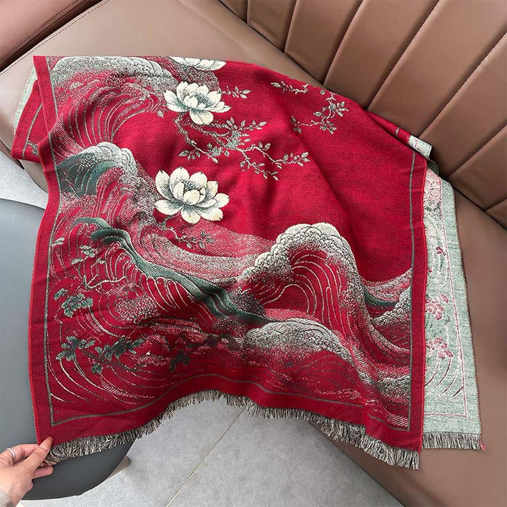 Bufanda suave con borlas, estampado de flores de loto, olas del océano y Buddha Stones. - image 5