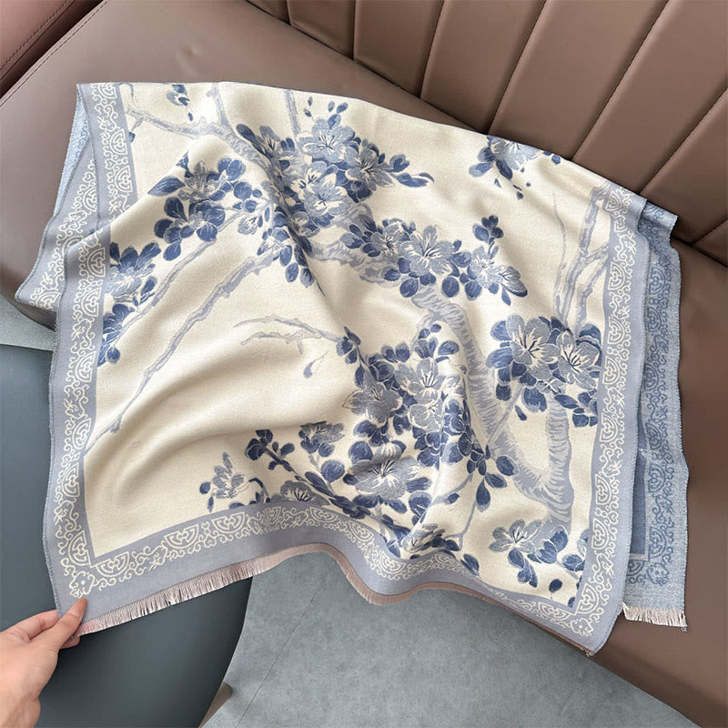 Bufanda/chal suave con estampado de ramas y flores de durazno otoñales con Buddha Stones - Azul acero claro - 180*65 cm - image 10