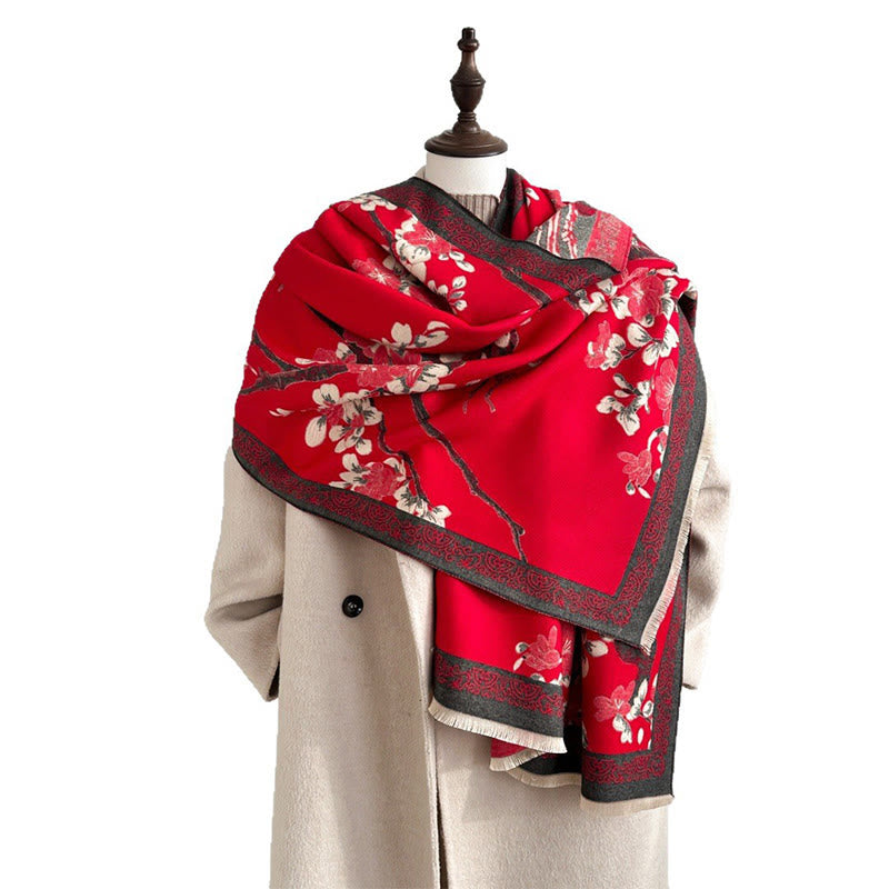 Bufanda/chal suave con estampado de ramas y flores de durazno otoñales con Buddha Stones - Rojo - 180*65 cm - image 0