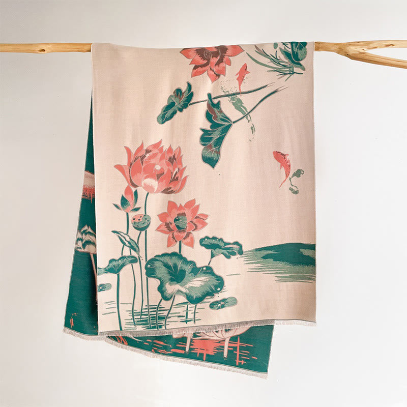 Bufanda/chal acogedor con estampado de Buddha Stones, loto, peces koi y libélulas otoñales - image 1