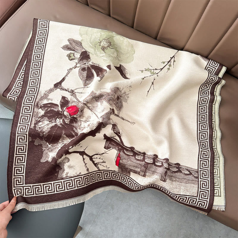 Bufanda/chal acogedor con estampado de flores de ciruelo otoñales y Buddha Stones . - Tierra de siena - 180*65 cm - image 12