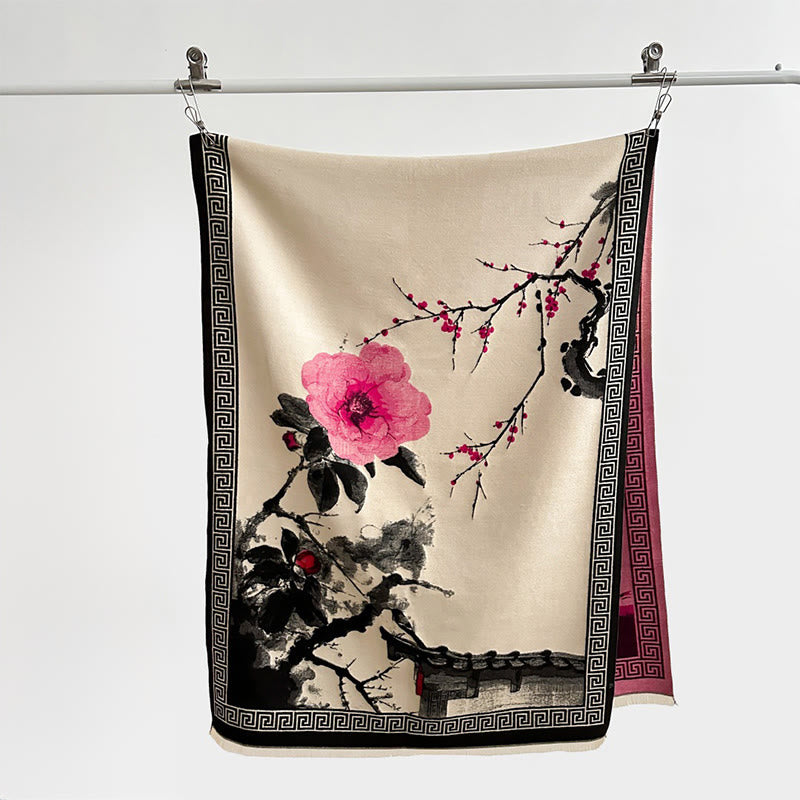 Bufanda/chal acogedor con estampado de flores de ciruelo otoñales y Buddha Stones . - image 5