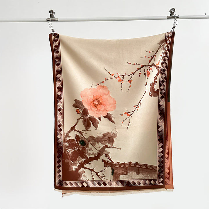 Bufanda/chal acogedor con estampado de flores de ciruelo otoñales y Buddha Stones . - image 2