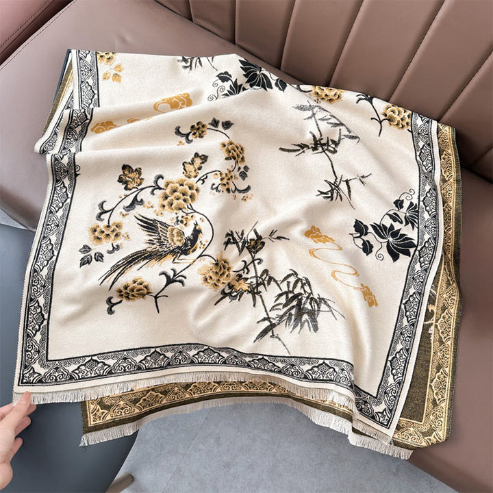 Bufanda/chal suave con estampado de Buddha Stones, pájaros de invierno, hojas de bambú y enredaderas. - Beige - 180 x 65 cm - image 8