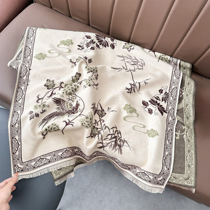 Bufanda/chal suave con estampado de Buddha Stones, pájaros de invierno, hojas de bambú y enredaderas. - Caqui oscuro - 180 x 65 cm - image 12