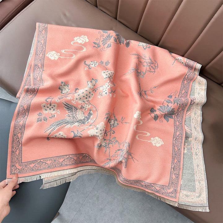 Bufanda/chal suave con estampado de Buddha Stones, pájaros de invierno, hojas de bambú y enredaderas. - image 2