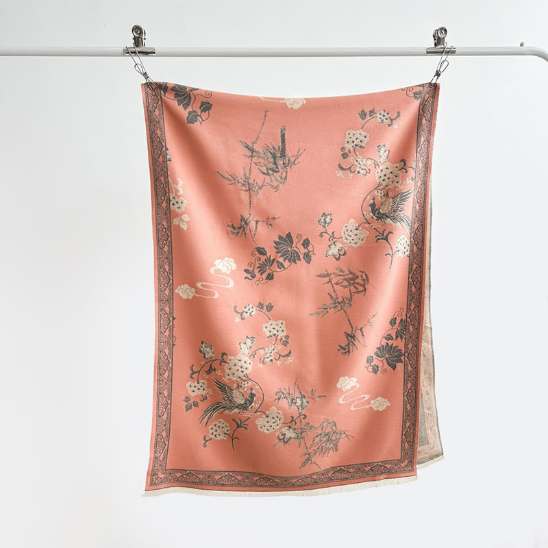 Bufanda/chal suave con estampado de Buddha Stones, pájaros de invierno, hojas de bambú y enredaderas. - image 1