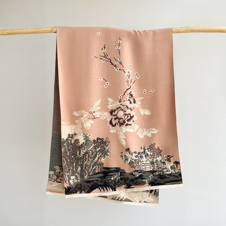 Bufanda/chal acogedor con estampado de Buddha Stones otoñales, árboles y pabellón - SandyBrown - 180 x 65 cm - image 3