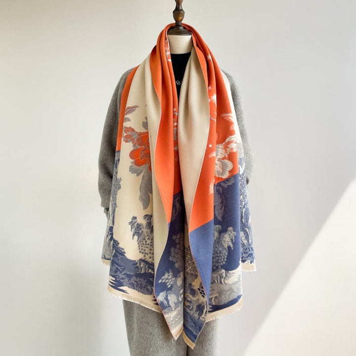 Bufanda/chal acogedor con estampado de Buddha Stones otoñales, árboles y pabellón - Naranja - 180 x 65 cm - image 0