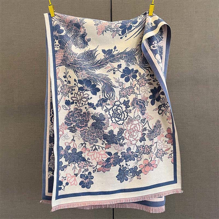 Bufanda/chal suave con estampado de flores y fénix otoñales con Buddha Stones - Azul acero - 185*65 cm - image 8