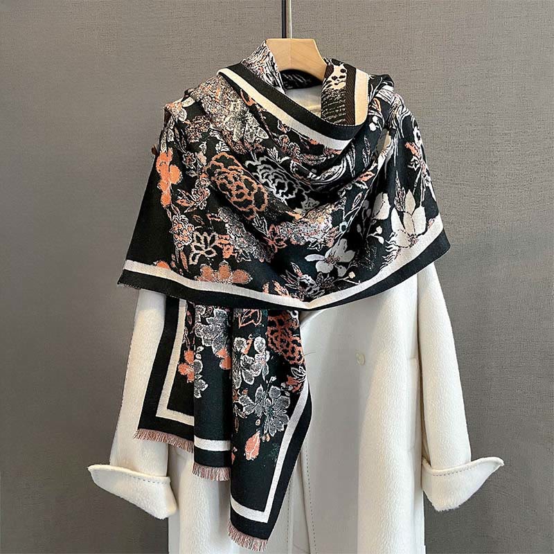 Bufanda/chal suave con estampado de flores y fénix otoñales con Buddha Stones - Negro - 185*65 cm - image 0