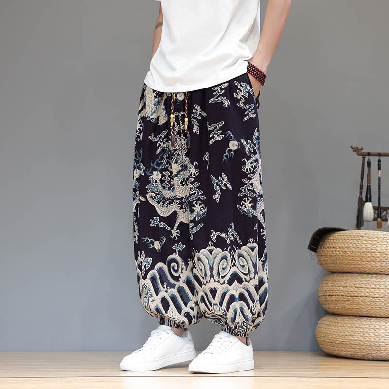 Pantalones tipo harem para hombre, de algodón y lino, con diseño de dragón y Buddha Stones, cordón ajustable y bolsillos. - Azul acero - US/UK/AU46, EU56 (5XL) - image 10