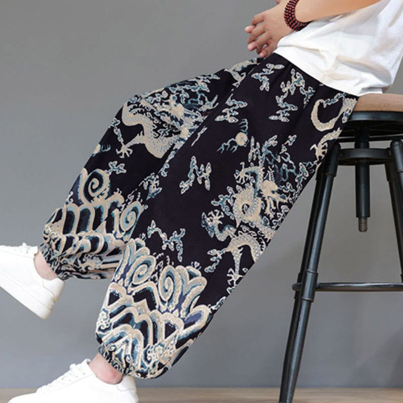 Pantalones tipo harem para hombre, de algodón y lino, con diseño de dragón y Buddha Stones, cordón ajustable y bolsillos. - image 17