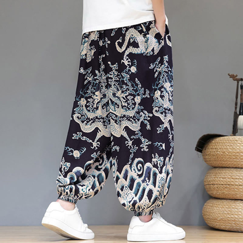 Pantalones tipo harem para hombre, de algodón y lino, con diseño de dragón y Buddha Stones, cordón ajustable y bolsillos. - image 14