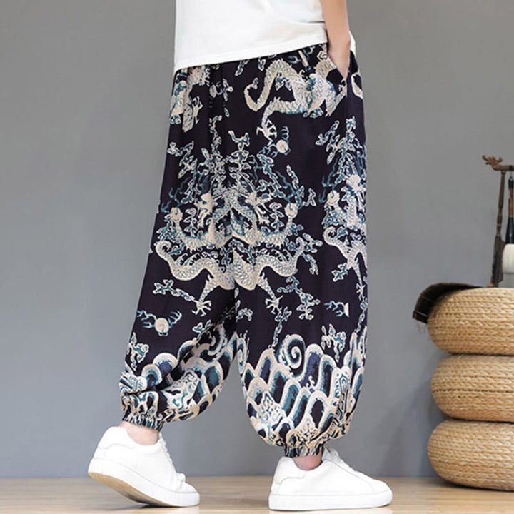 Pantalones tipo harem para hombre, de algodón y lino, con diseño de dragón y Buddha Stones, cordón ajustable y bolsillos. - image 14
