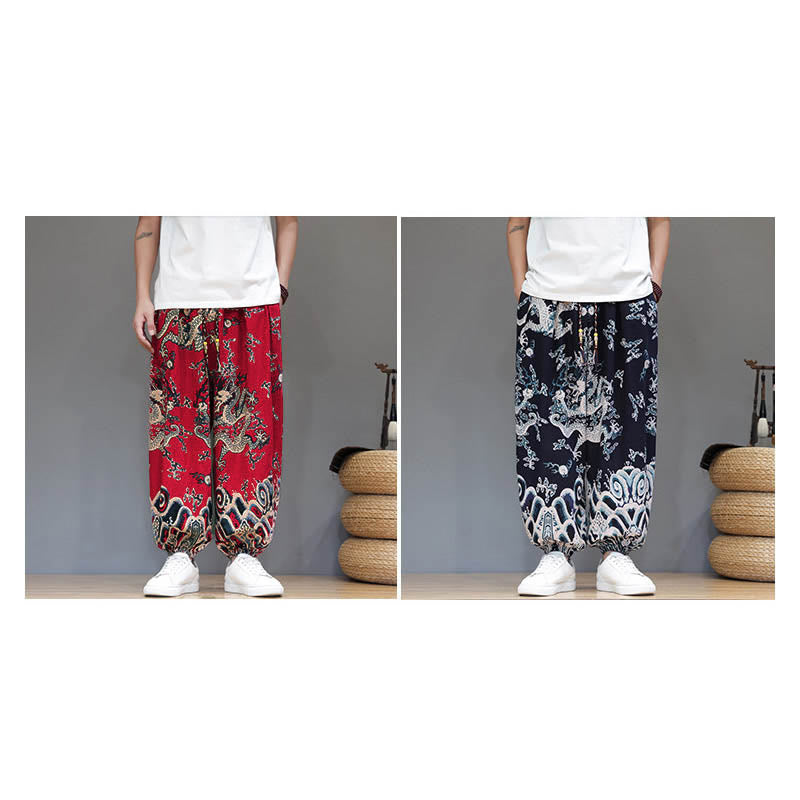 Pantalones tipo harem para hombre, de algodón y lino, con diseño de dragón y Buddha Stones, cordón ajustable y bolsillos. - image 18