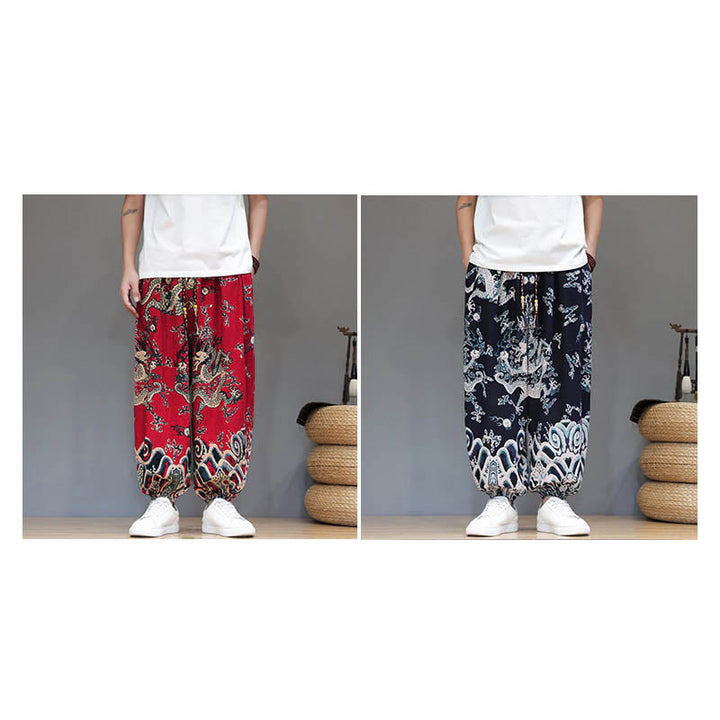 Pantalones tipo harem para hombre, de algodón y lino, con diseño de dragón y Buddha Stones, cordón ajustable y bolsillos. - image 18