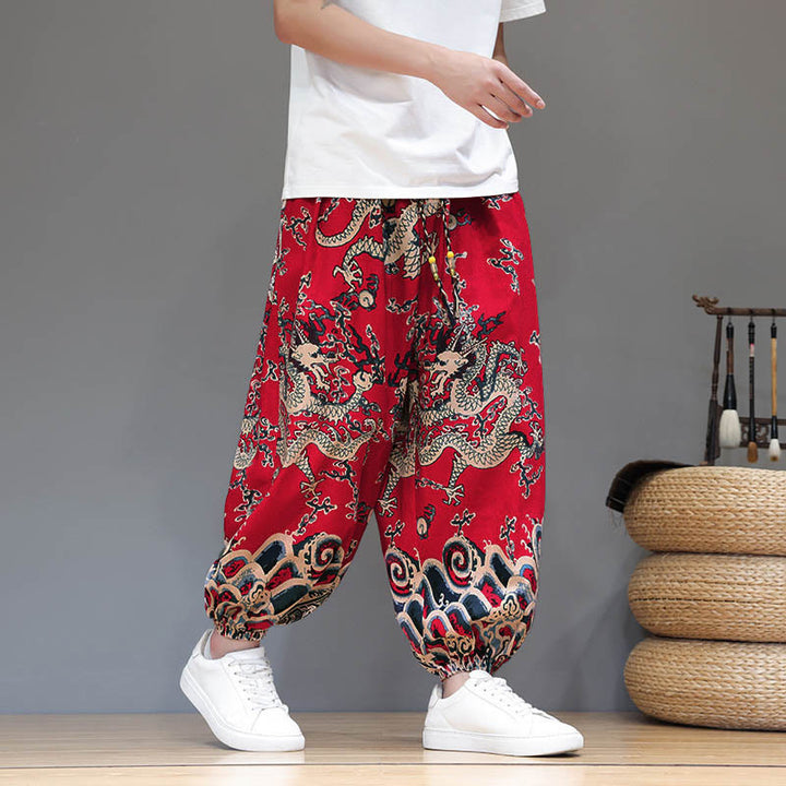 Pantalones tipo harem para hombre, de algodón y lino, con diseño de dragón y Buddha Stones, cordón ajustable y bolsillos. - image 7