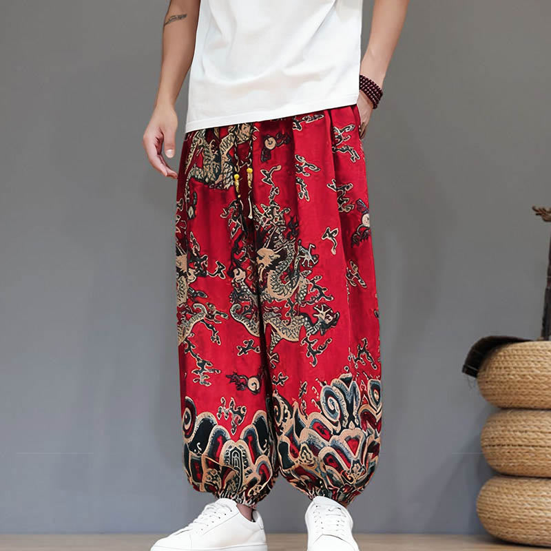 Pantalones tipo harem para hombre, de algodón y lino, con diseño de dragón y Buddha Stones, cordón ajustable y bolsillos. - image 6