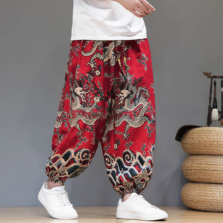 Pantalones tipo harem para hombre, de algodón y lino, con diseño de dragón y Buddha Stones, cordón ajustable y bolsillos. - image 5