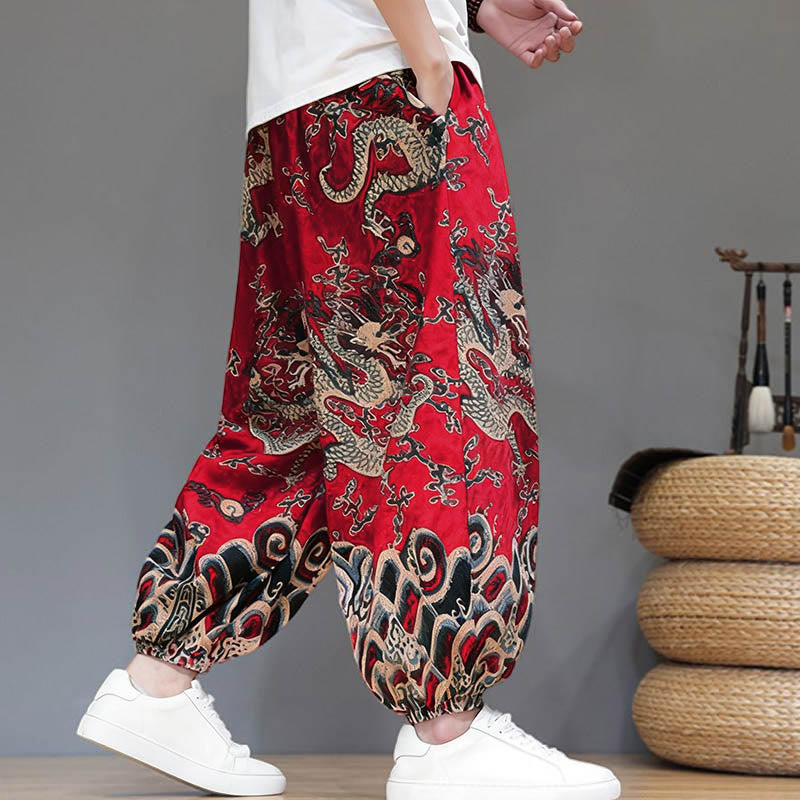 Pantalones tipo harem para hombre, de algodón y lino, con diseño de dragón y Buddha Stones, cordón ajustable y bolsillos. - image 2