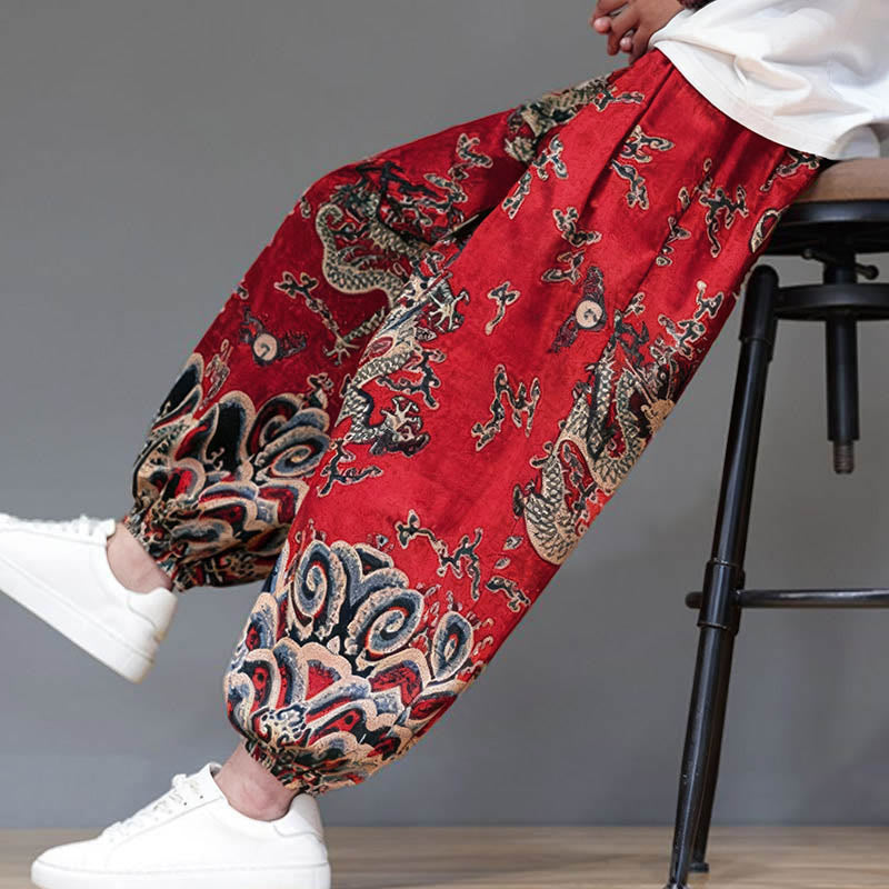 Pantalones tipo harem para hombre, de algodón y lino, con diseño de dragón y Buddha Stones, cordón ajustable y bolsillos. - image 9