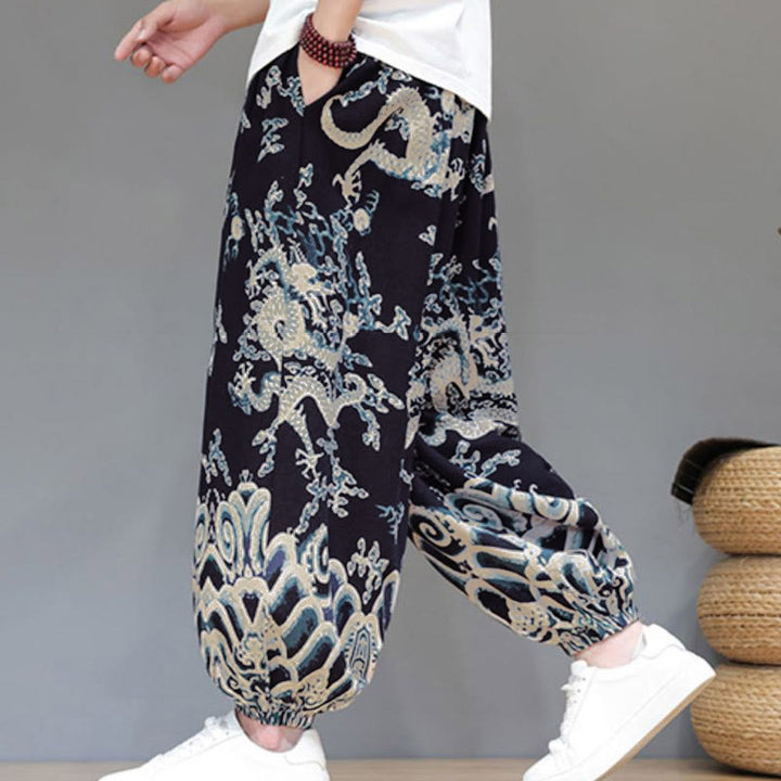 Pantalones tipo harem para hombre, de algodón y lino, con diseño de dragón y Buddha Stones, cordón ajustable y bolsillos. - image 13