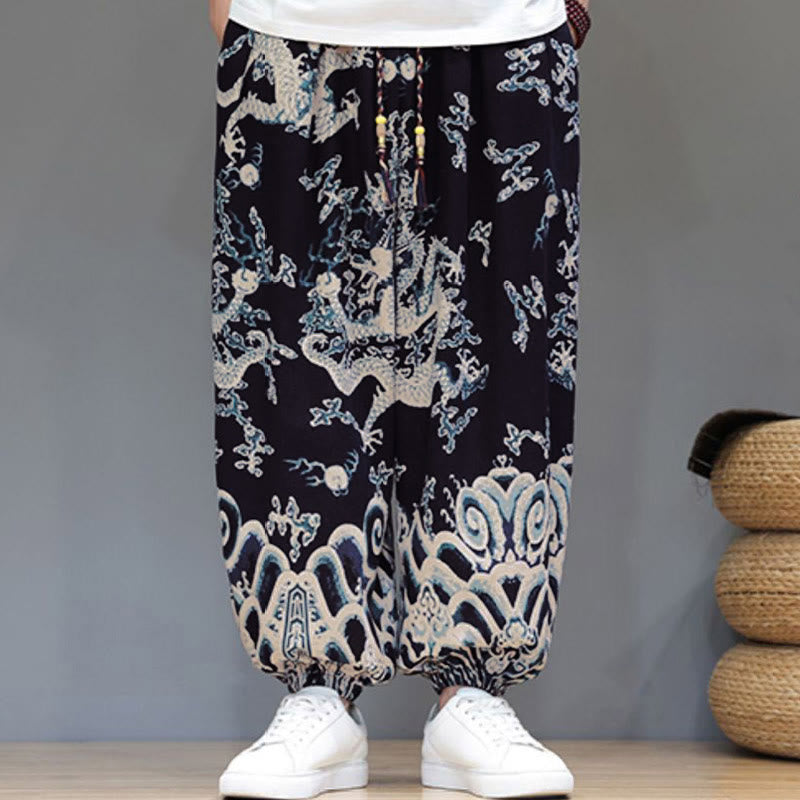 Pantalones tipo harem para hombre, de algodón y lino, con diseño de dragón y Buddha Stones, cordón ajustable y bolsillos. - image 12