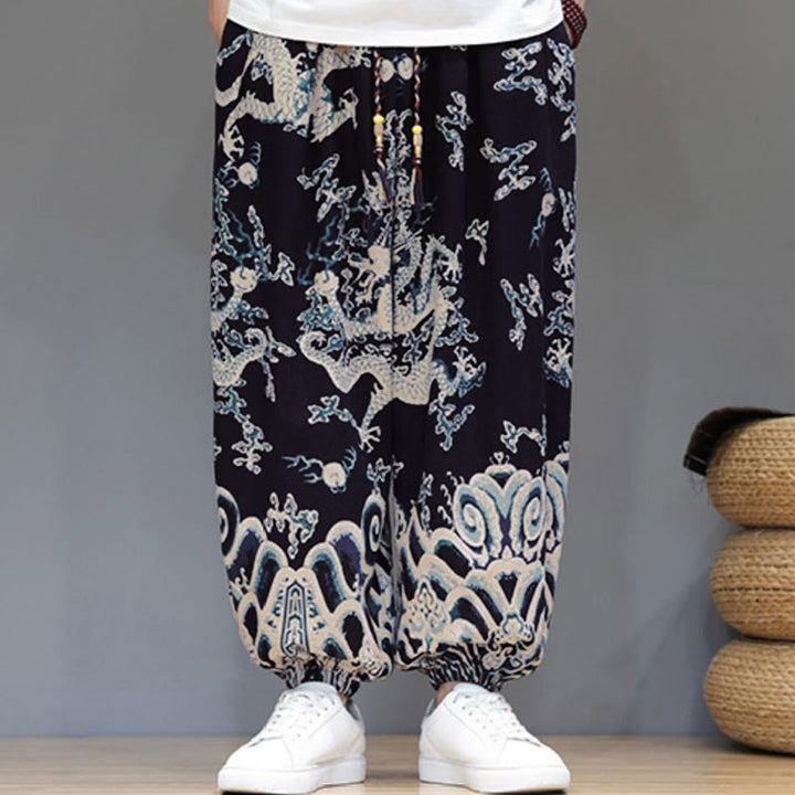 Pantalones tipo harem para hombre, de algodón y lino, con diseño de dragón y Buddha Stones, cordón ajustable y bolsillos. - image 12
