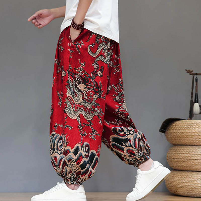Pantalones tipo harem para hombre, de algodón y lino, con diseño de dragón y Buddha Stones, cordón ajustable y bolsillos. - image 3