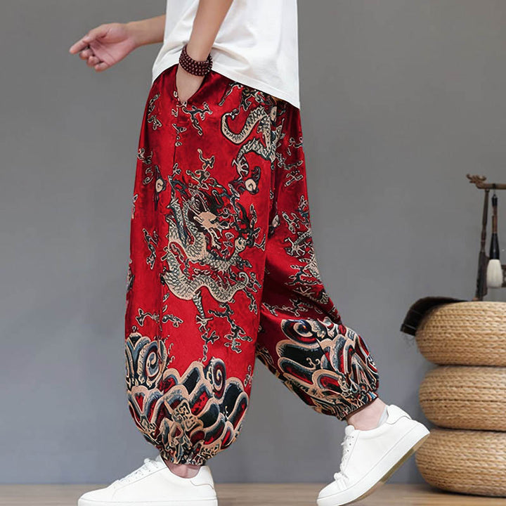 Pantalones tipo harem para hombre, de algodón y lino, con diseño de dragón y Buddha Stones, cordón ajustable y bolsillos. - image 3