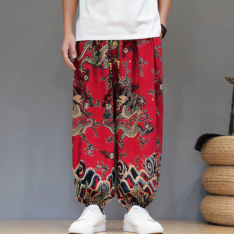Pantalones tipo harem para hombre, de algodón y lino, con diseño de dragón y Buddha Stones, cordón ajustable y bolsillos. - image 8
