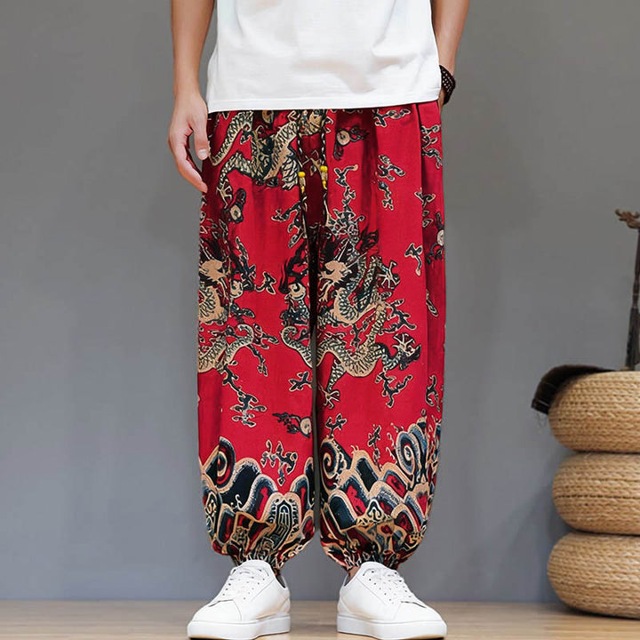 Pantalones tipo harem para hombre, de algodón y lino, con diseño de dragón y Buddha Stones, cordón ajustable y bolsillos. - image 8