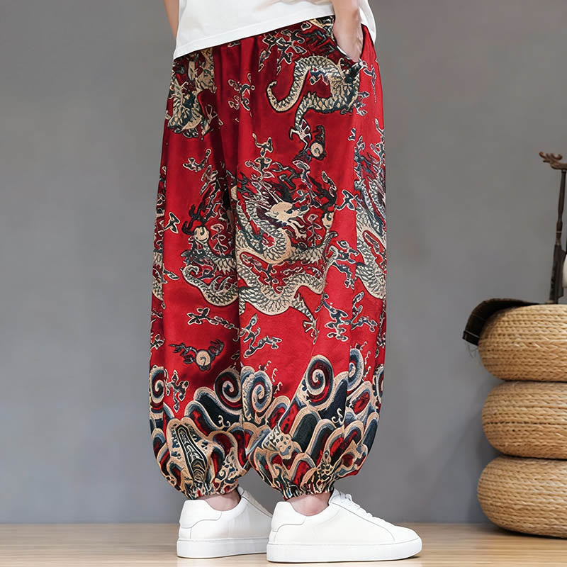 Pantalones tipo harem para hombre, de algodón y lino, con diseño de dragón y Buddha Stones, cordón ajustable y bolsillos. - image 4