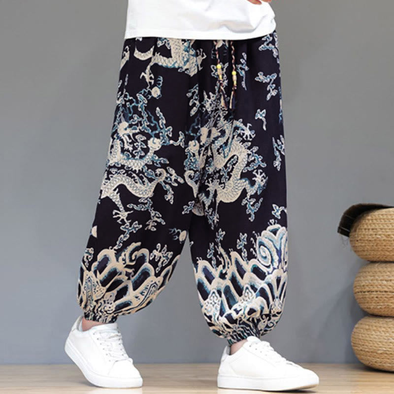 Pantalones tipo harem para hombre, de algodón y lino, con diseño de dragón y Buddha Stones, cordón ajustable y bolsillos. - image 11