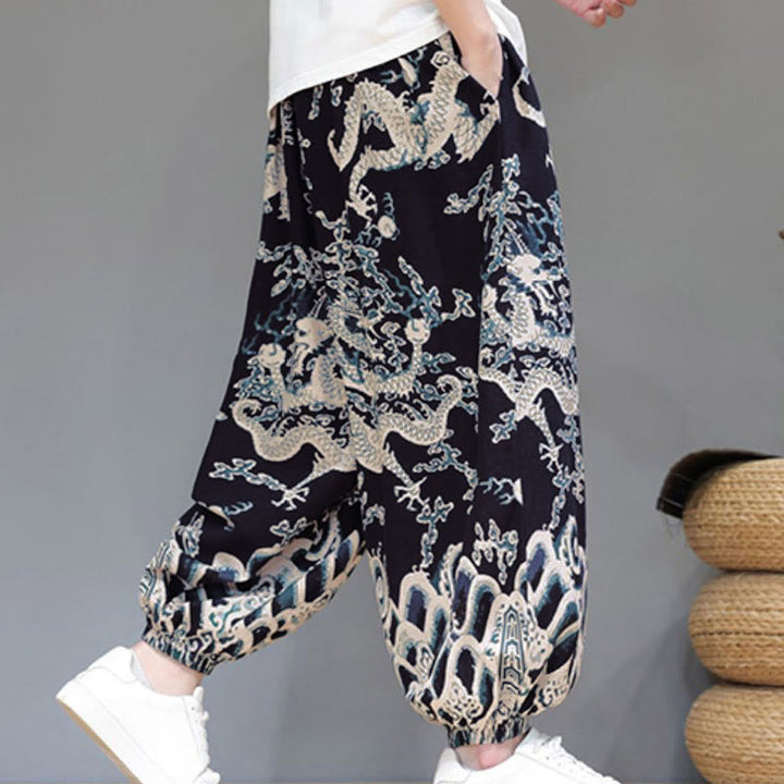 Pantalones tipo harem para hombre, de algodón y lino, con diseño de dragón y Buddha Stones, cordón ajustable y bolsillos. - image 15
