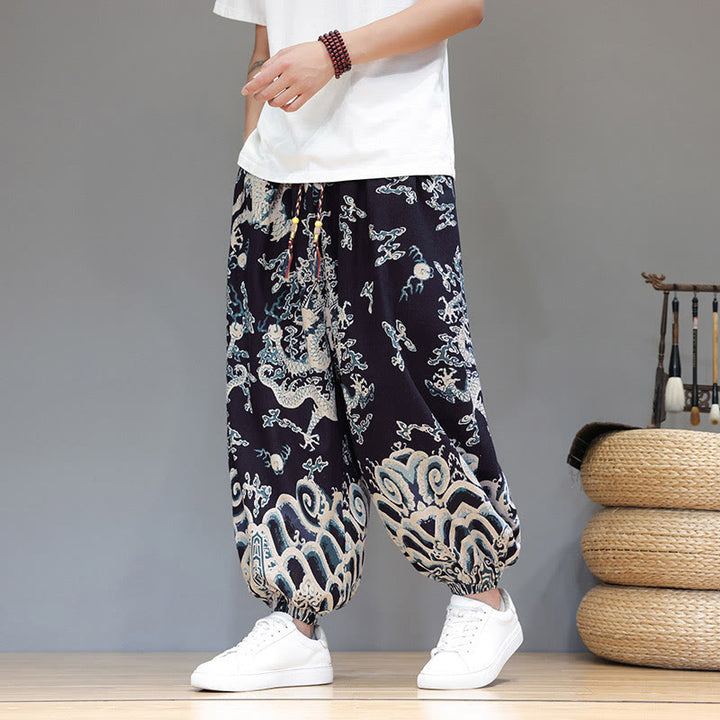 Pantalones tipo harem para hombre, de algodón y lino, con diseño de dragón y Buddha Stones, cordón ajustable y bolsillos. - image 16
