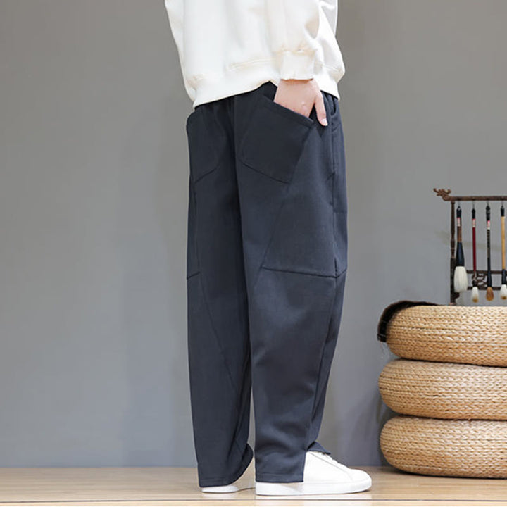 Pantalones de lino y algodón para hombre, de color liso, con forro polar y estampado de Buddha Stones, con bolsillos. - image 4