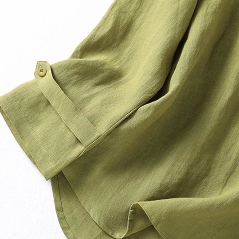 Camisa de manga larga para mujer, color caqui oscuro con cuello alto y medio botón, con estampado de Buddha Stones. - image 7