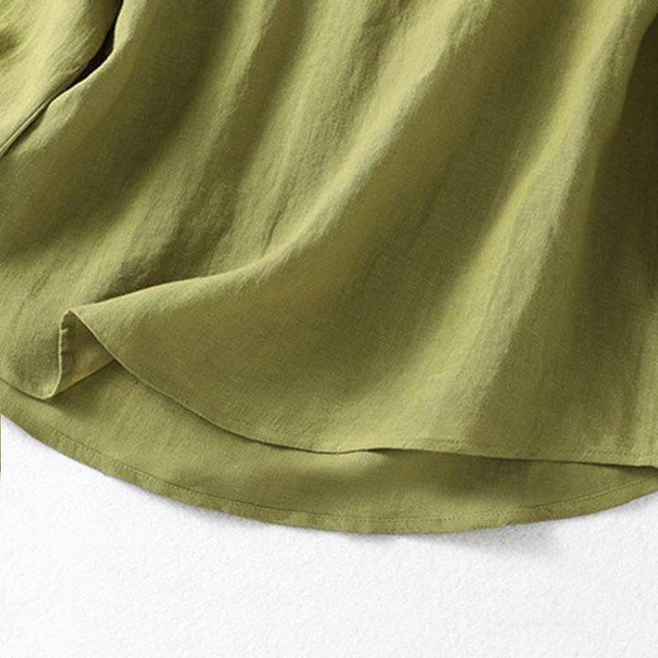 Camisa de manga larga para mujer, color caqui oscuro con cuello alto y medio botón, con estampado de Buddha Stones. - image 9