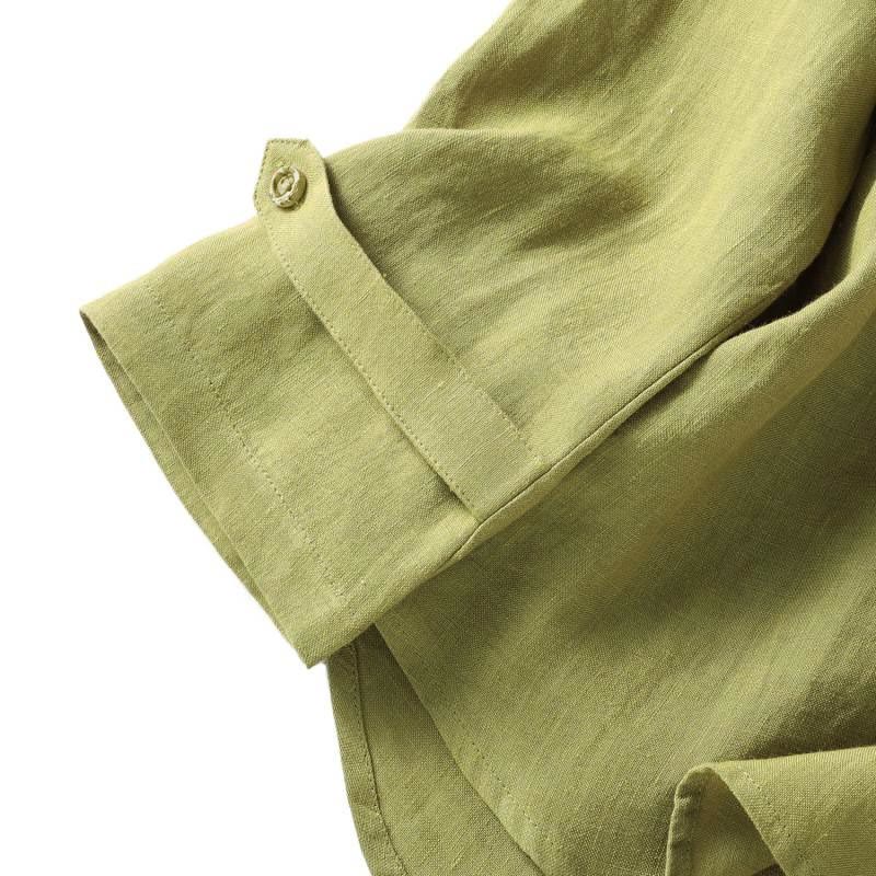 Camisa de manga larga para mujer, color caqui oscuro con cuello alto y medio botón, con estampado de Buddha Stones. - image 8