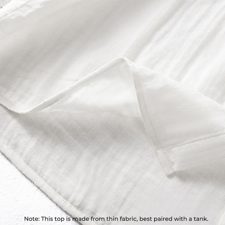 Camisa de algodón de manga larga para mujer con cuello de volantes y estampado de Buddha Stones en blanco - image 8