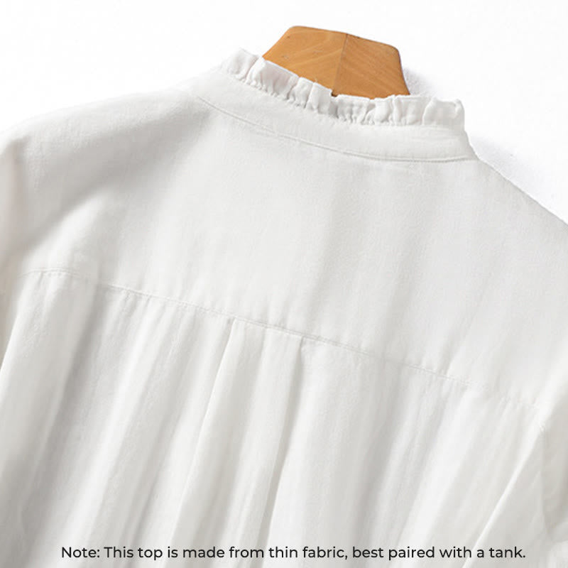 Camisa de algodón de manga larga para mujer con cuello de volantes y estampado de Buddha Stones en blanco - image 4