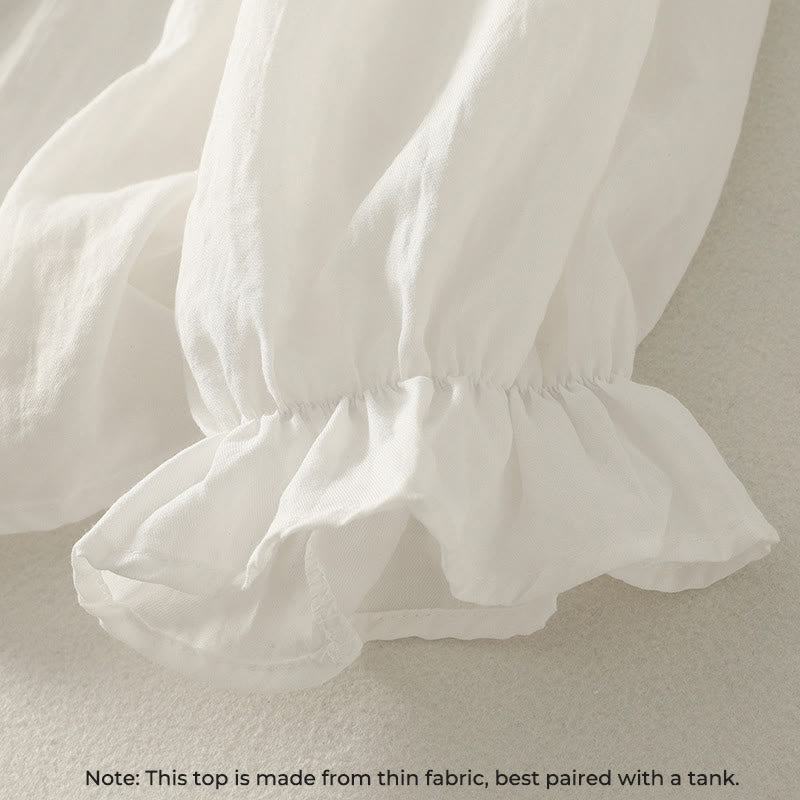 Camisa de algodón de manga larga con volantes y botones blancos con Buddha Stones para mujer - image 5