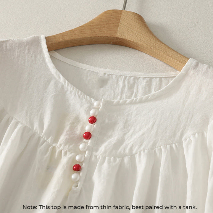 Camisa de algodón de manga larga con volantes y botones blancos con Buddha Stones para mujer - image 2