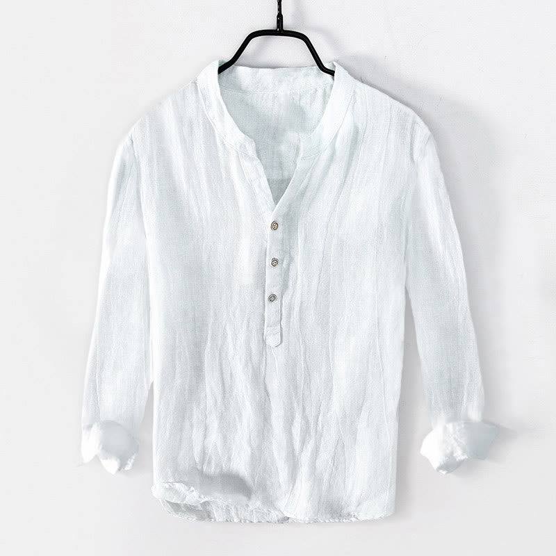 Camisa de manga larga para hombre, de algodón y lino, con estampado de Buddha Stones y medio botón. - image 1