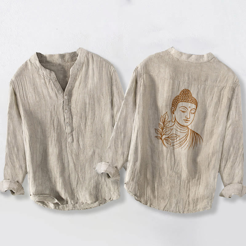 Camisa de manga larga para hombre, de algodón y lino, con estampado de Buddha Stones y medio botón. - Lino - US/UK/AU50, EU60 (5XL) - image 6