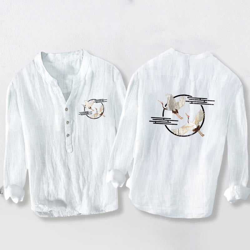 Camisa de manga larga para hombre de algodón y lino con estampado de grulla blanca en vuelo y botones a la mitad. - Blanco - US/UK/AU50, EU60 (5XL) - image 3