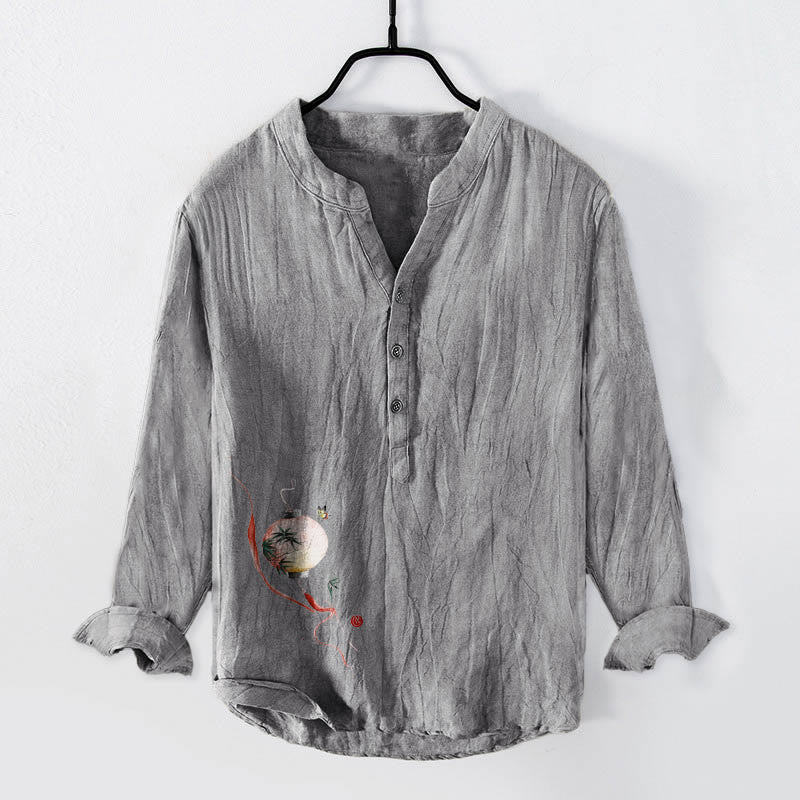 Camisa de manga larga para hombre, de algodón y lino, con estampado de mariposas, bambú y farolillos, con medio botón y diseño de Buddha Stones. - Gris - US/UK/AU50, EU60 (5XL) - image 6