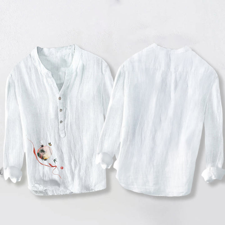 Camisa de manga larga para hombre, de algodón y lino, con estampado de mariposas, bambú y farolillos, con medio botón y diseño de Buddha Stones. - image 5